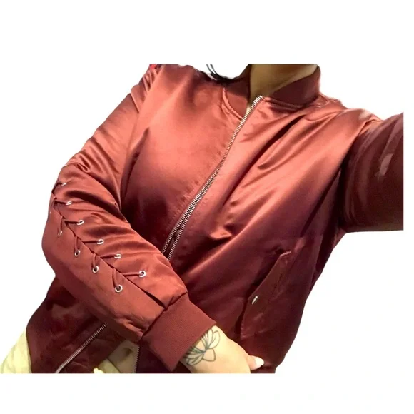 Forever 21 | Maroon satin bomber jacket lace up sleeves and back statement coat - Picture 1 of 11